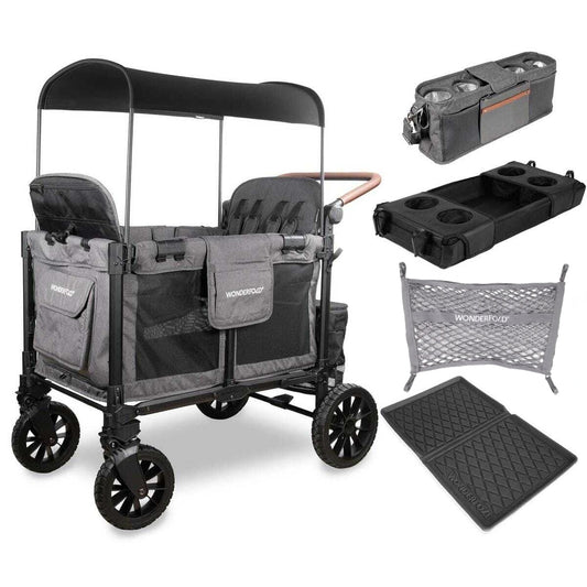 WonderFold W4 Luxe Pro (4 Seater) Stroller Wagon + Essentials Bundle - Charcoal Gray