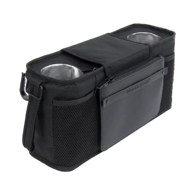 WonderFold black stroller organizer with two cup holders and front storage pocket