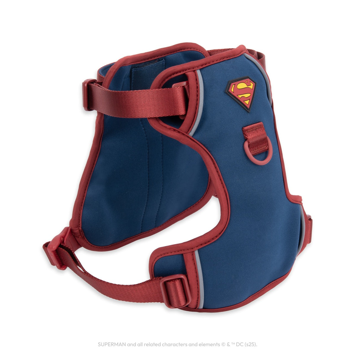 WonderFold Superman dog harness in blue and red with logo patch