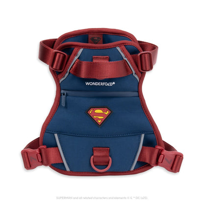 WonderFold Superman dog harness in blue and red with Superman logo