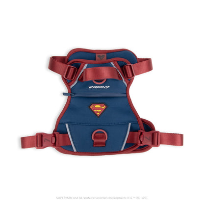 WonderFold Superman themed pet harness with red straps and blue fabric