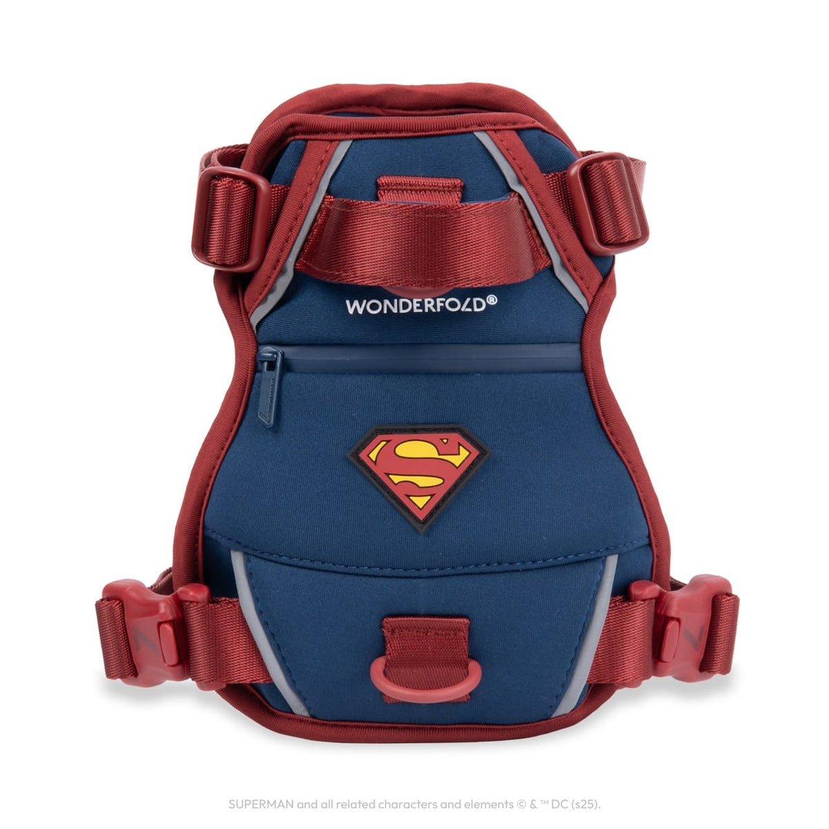 WonderFold Superman themed blue and red storage pouch with adjustable straps and zipper pocket
