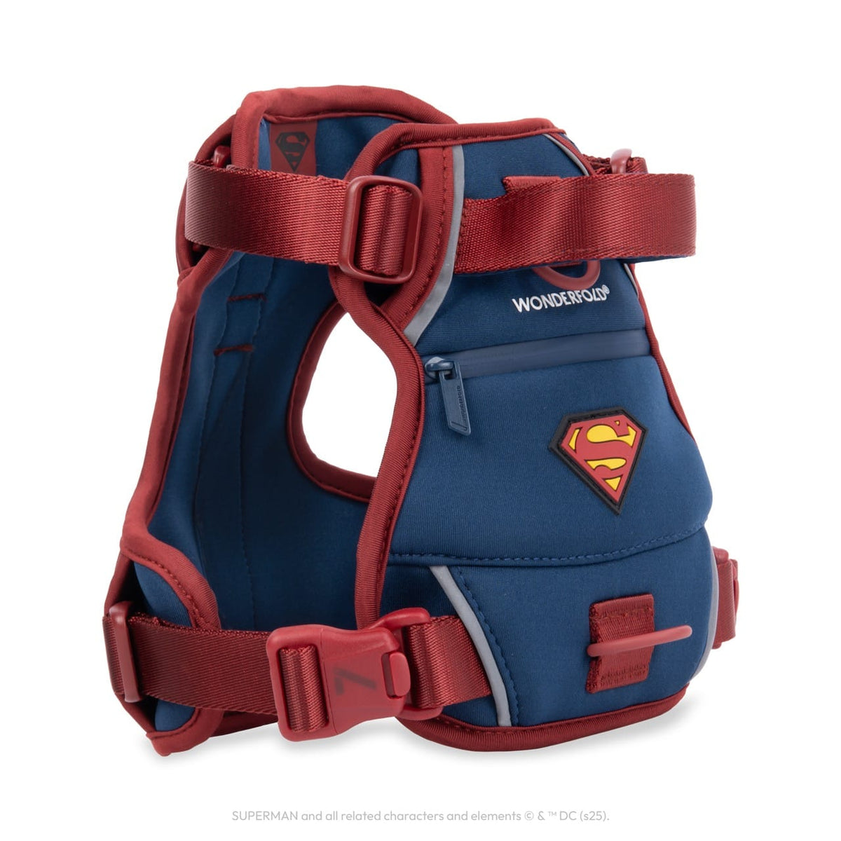WonderFold Superman themed pet harness with blue and red fabric and adjustable straps
