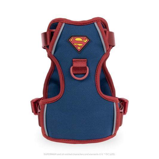 WonderFold Superman pet harness in blue and red with chest logo