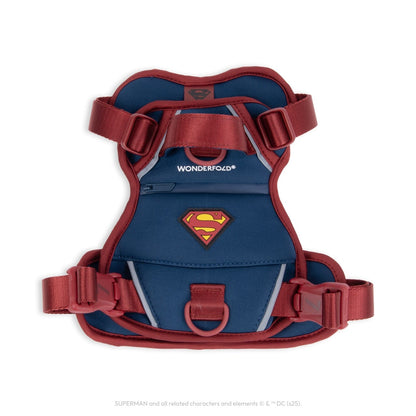 WonderFold Superman themed pet harness with red straps and blue fabric