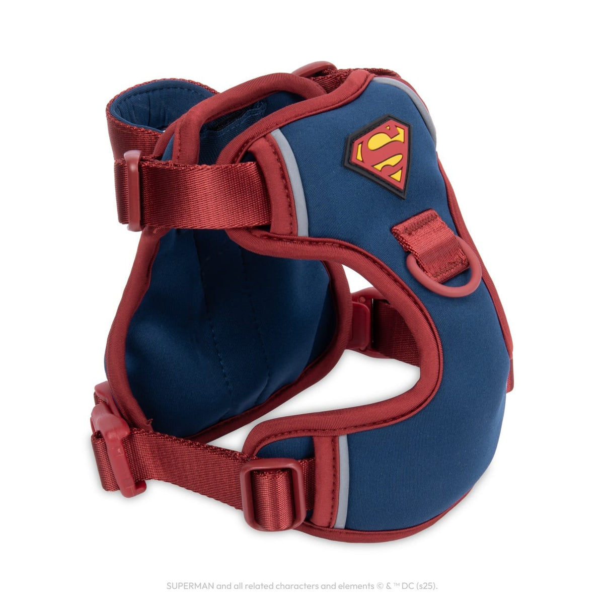WonderFold Superman dog harness in blue and red with logo patch