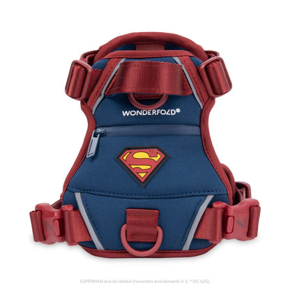 WonderFold Superman themed pet harness in blue and red with a Superman logo patch and adjustable straps