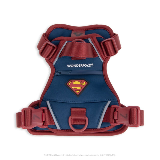 WonderFold blue and red Superman dog harness with chest D-ring