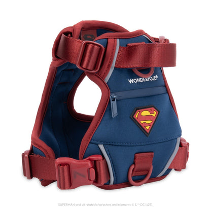 WonderFold Superman themed pet harness in blue and red with a Superman logo patch and zippered pocket