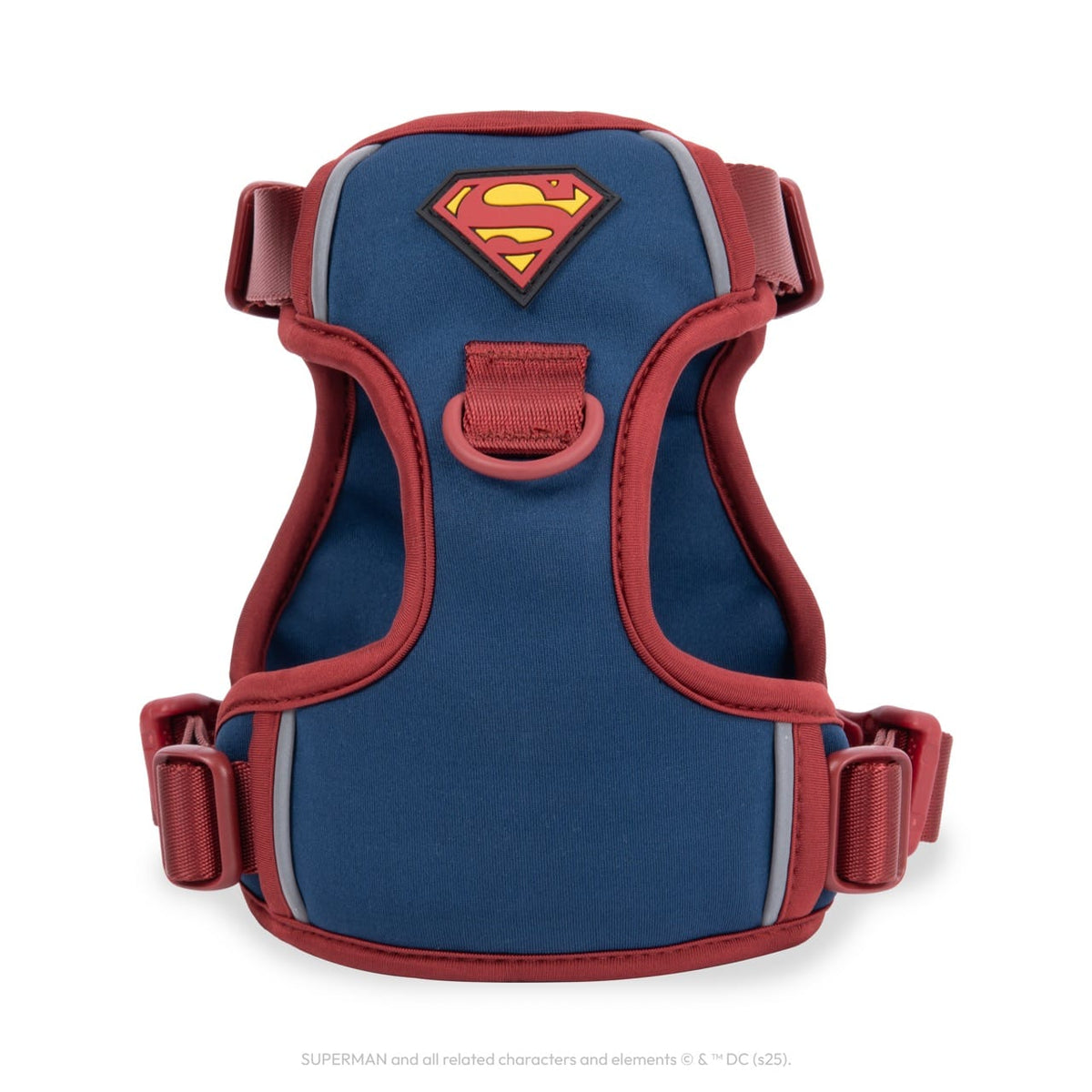 WonderFold Superman dog harness in blue and red with logo patch