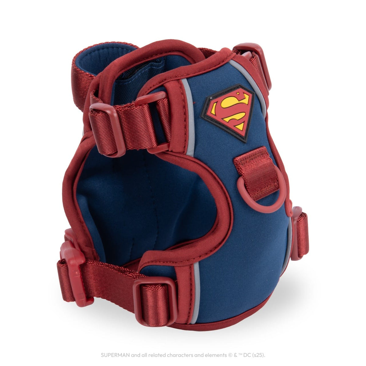 WonderFold Superman pet harness in blue and red with logo patch