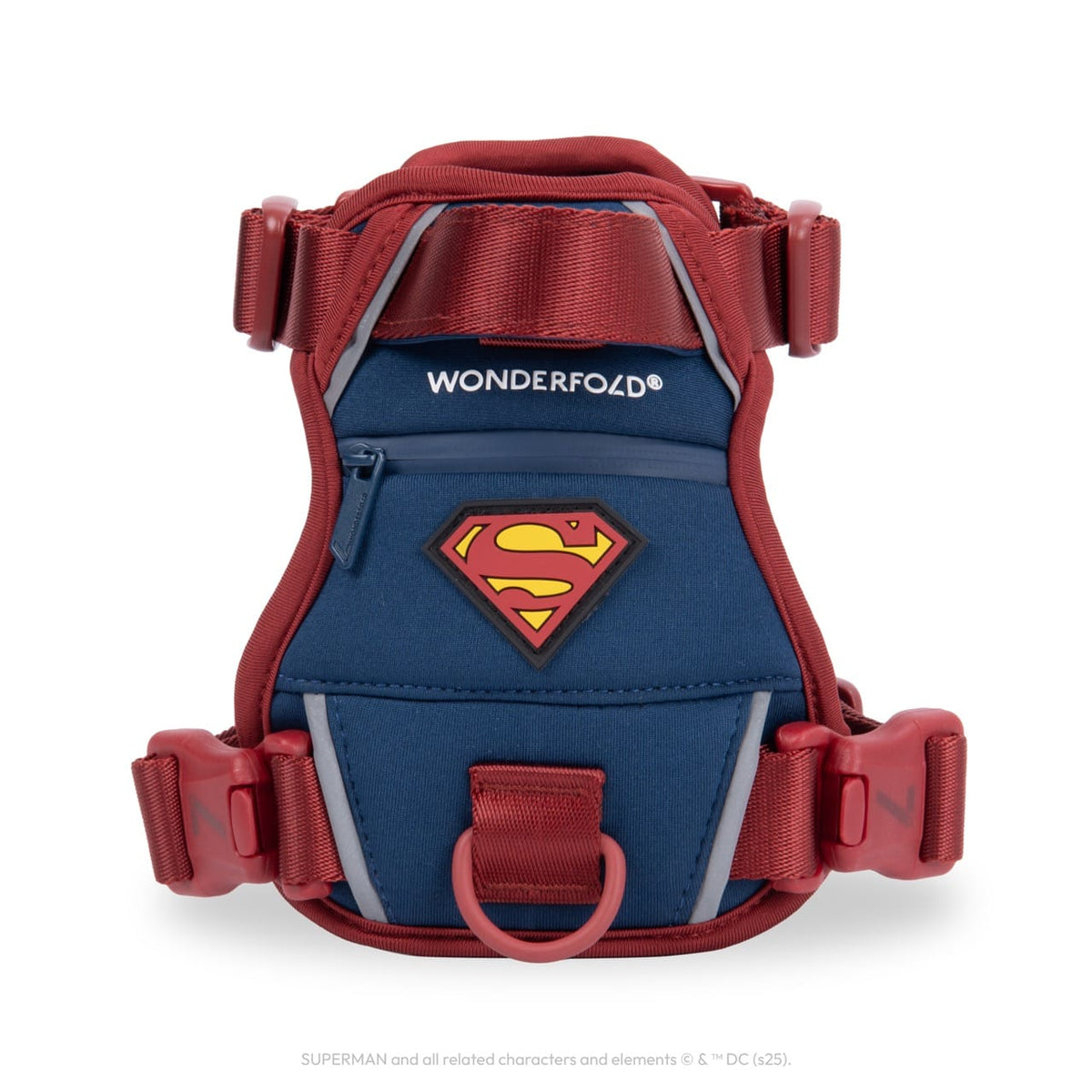 WonderFold Superman themed stroller accessory pouch with red straps and Superman logo