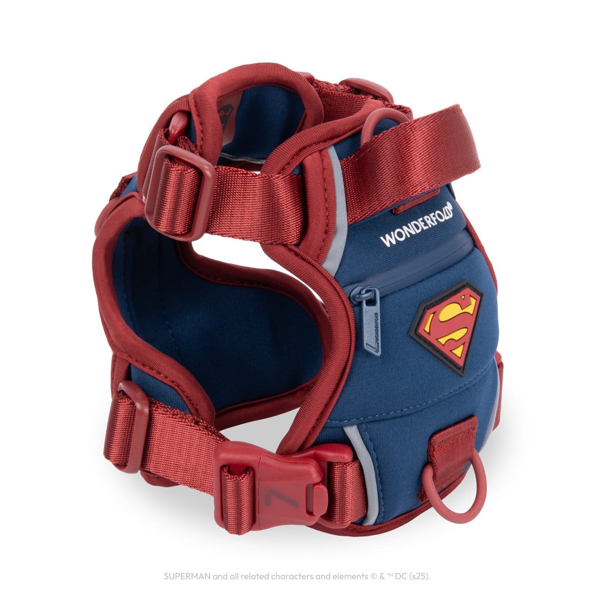 WonderFold Superman pet harness with blue and red fabric and logo patch