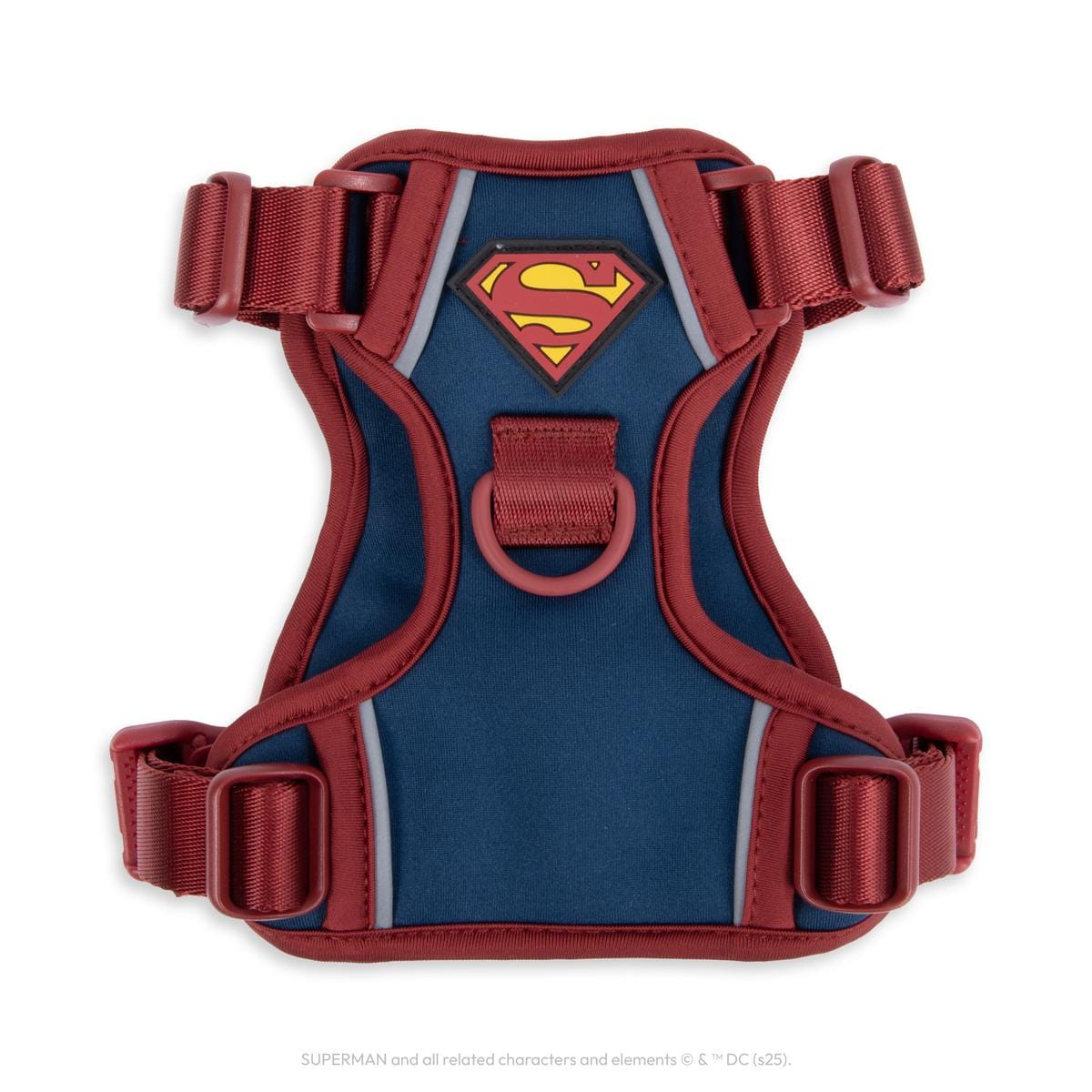 WonderFold Superman pet harness in blue and red with a Superman logo patch and adjustable straps