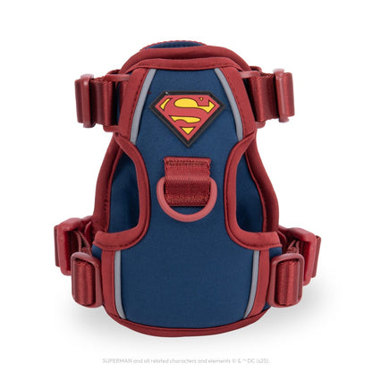 WonderFold Superman dog harness in blue and red with a Superman logo patch and adjustable straps