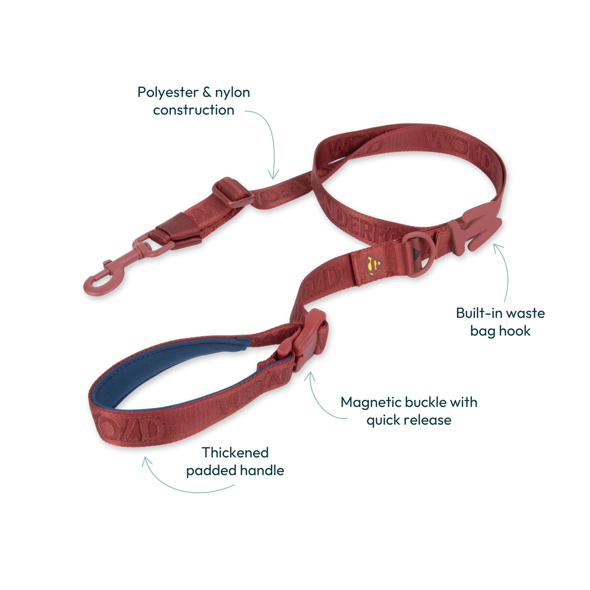 WonderFold red dog leash with padded handle, magnetic buckle, and waste bag hook