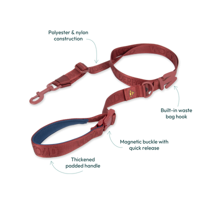 WonderFold red dog leash with padded handle, magnetic buckle, and waste bag hook