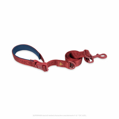 WonderFold Superman themed red dog leash with blue padded handle and metal clip