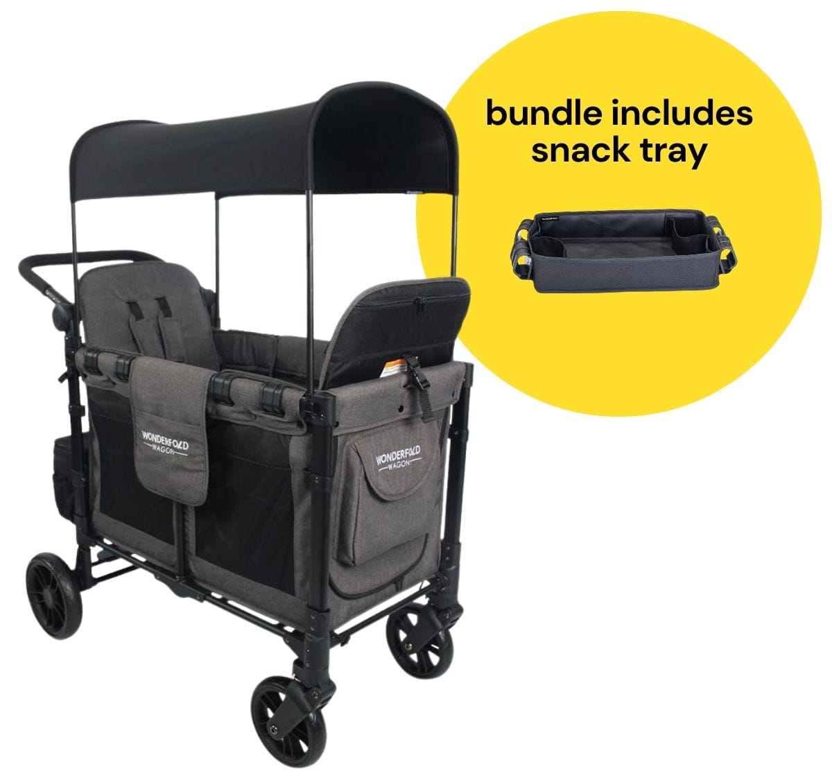 WonderFold W2 Elite Multifunctional Double (2 Seater) Stroller Wagon + Snack Tray Bundle - Charcoal Gray - W2ELT-GRY-St02