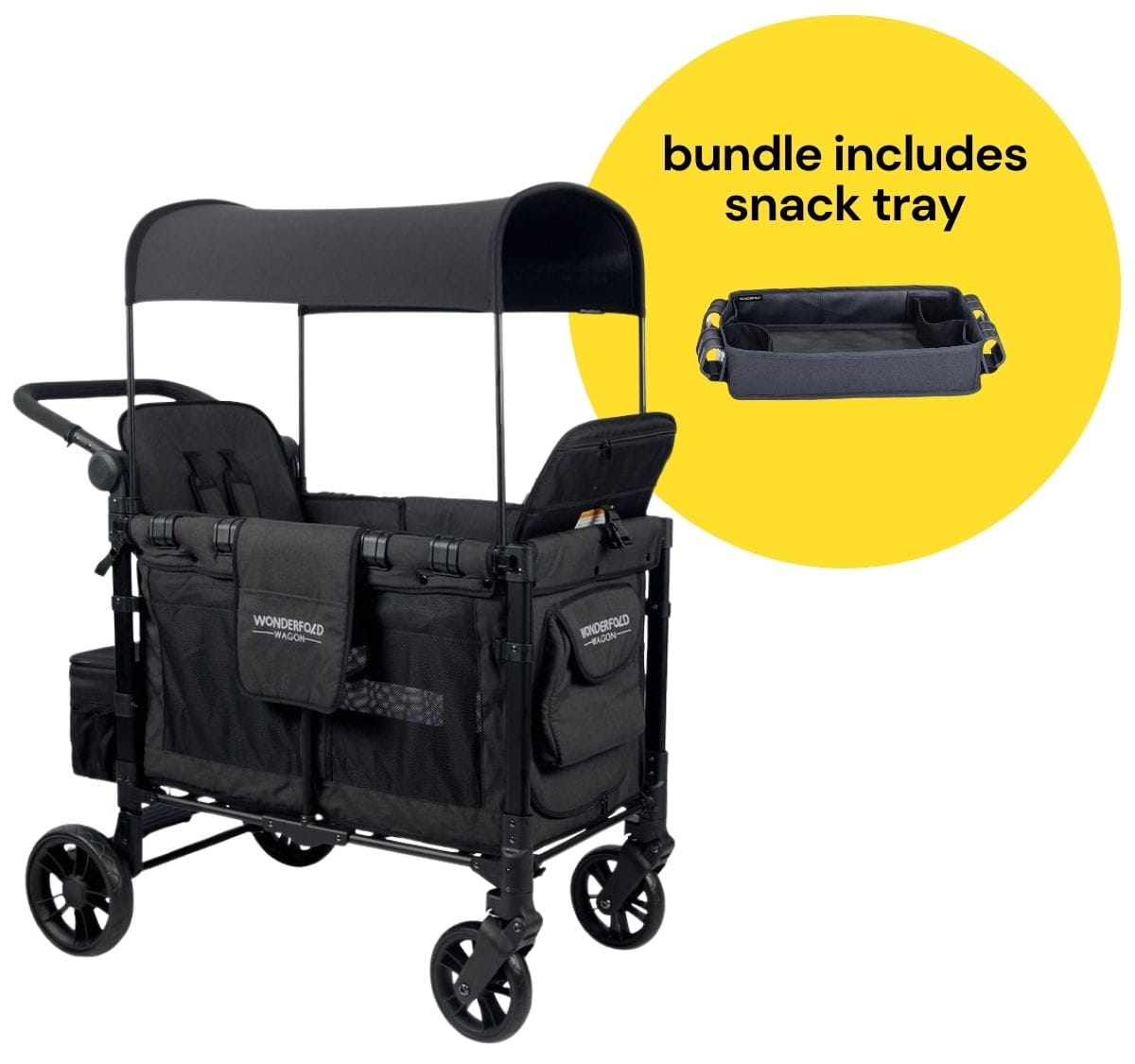 WonderFold W2 Elite Multifunctional Double (2 Seater) Stroller Wagon + Snack Tray Bundle - Volcanic Black - W2ELT-BLK-St02