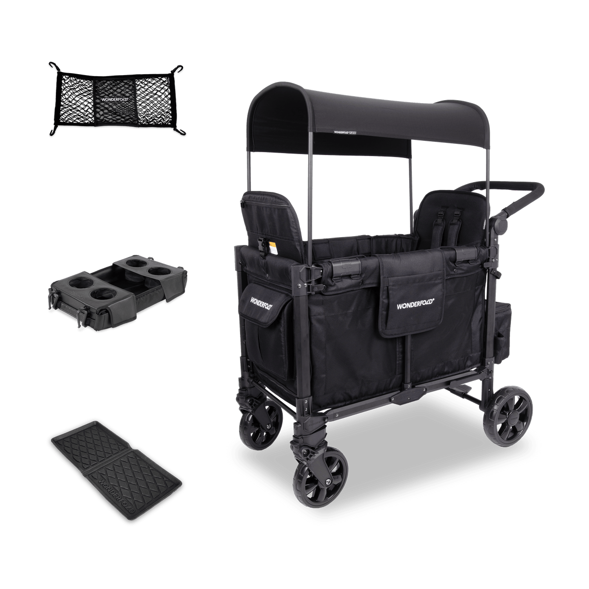 WonderFold W2 Elite Pro (2 Seater) Everyday Stroller Wagon Bundle - Jet Black