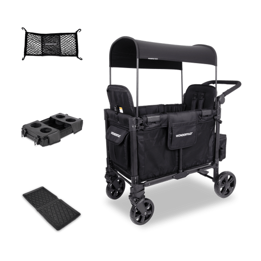 WonderFold W2 Elite Pro (2 Seater) Everyday Stroller Wagon Bundle - Jet Black
