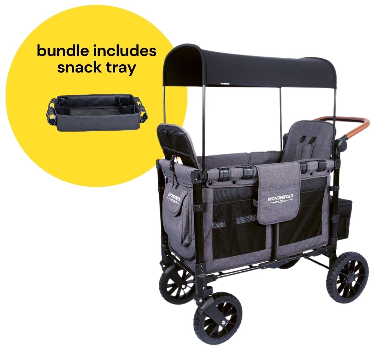 Wonderfold W2 Luxe Multifunctional Double (2 seater) Stroller Wagon + Snack Tray Bundle - Charcoal Gray - W2-S2-GRAY-St02