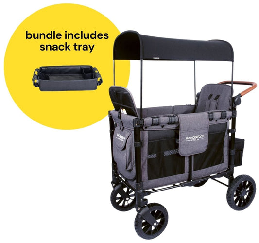 Wonderfold W2 Luxe Multifunctional Double (2 seater) Stroller Wagon + Snack Tray Bundle - Charcoal Gray - W2-S2-GRAY-St02