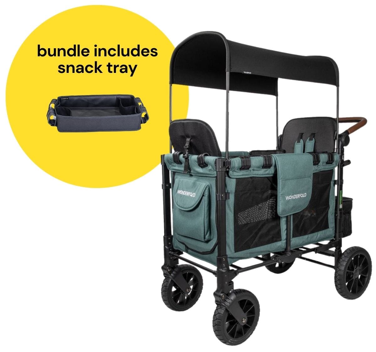 Wonderfold W2 Luxe Multifunctional Double (2 seater) Stroller Wagon + Snack Tray Bundle - Hunter Green (Albee Exclusive) - W2LUX-HNTGN-St02