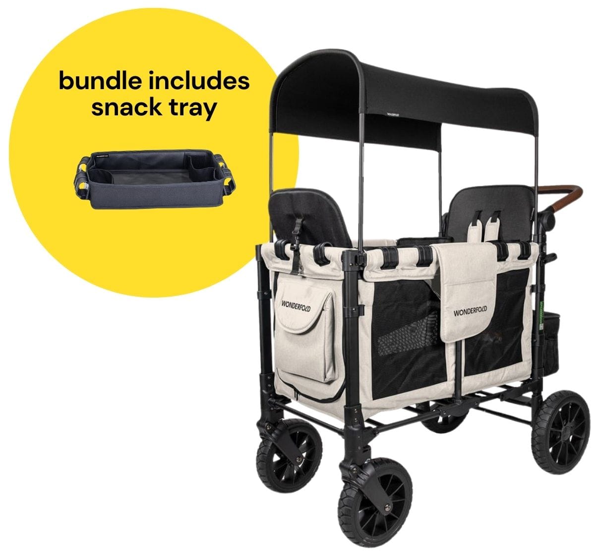 Wonderfold W2 Luxe Multifunctional Double (2 seater) Stroller Wagon + Snack Tray Bundle - Sandy Beige / Black Canopy (Albee Exclusive) - W2LUX-SDYBG-BLKCPY-St02