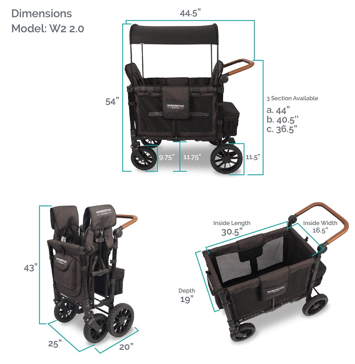 Wonderfold W2 Luxe Multifunctional Double (2 seater) Stroller Wagon - Volcanic Black - W2-S2-BLACK