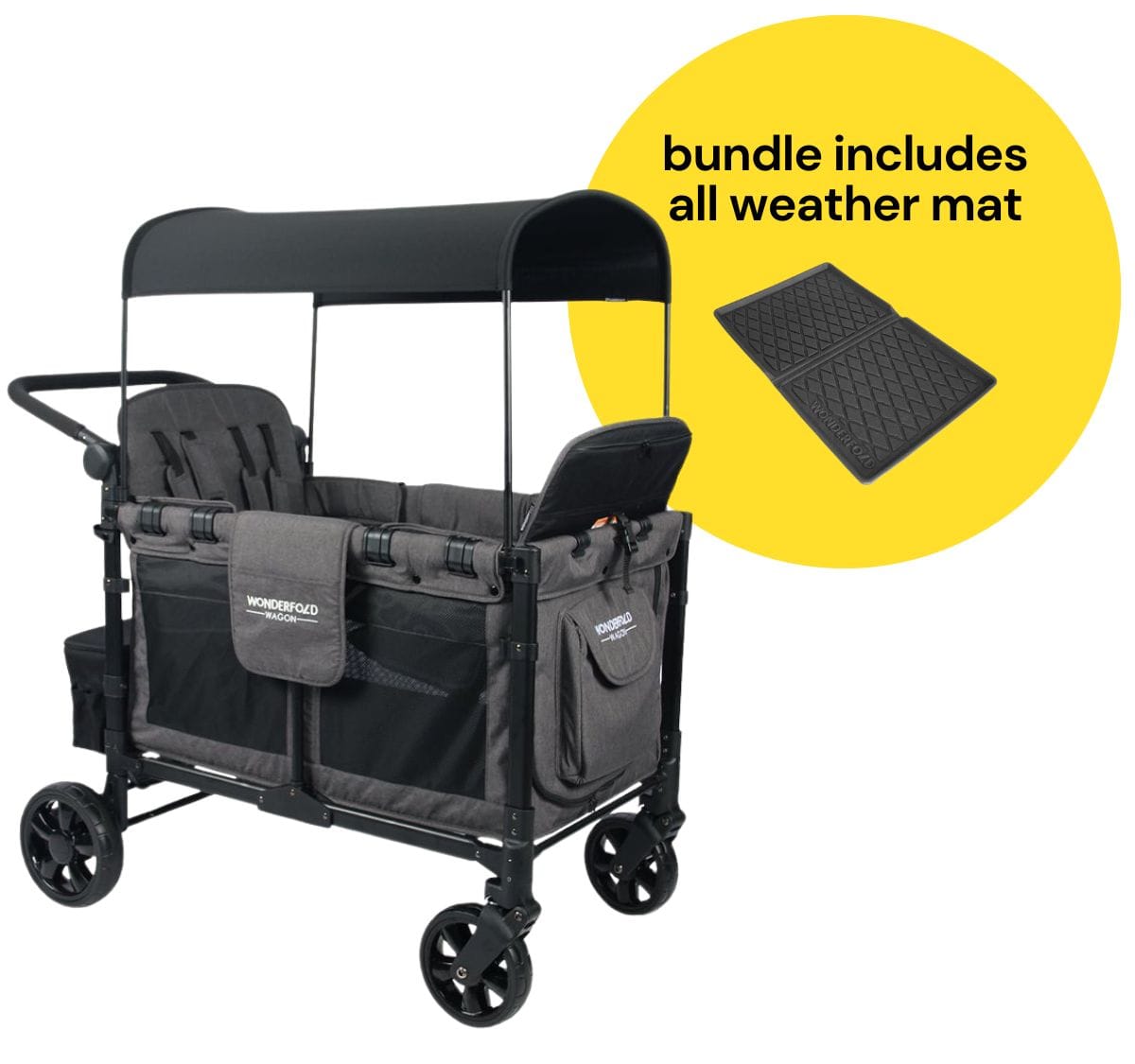 WonderFold W4 Elite Multifunctional Quad (4 Seater) Stroller Wagon + All Weather Mat Bundle - Charcoal Gray - W4ELT-GRY-W4m