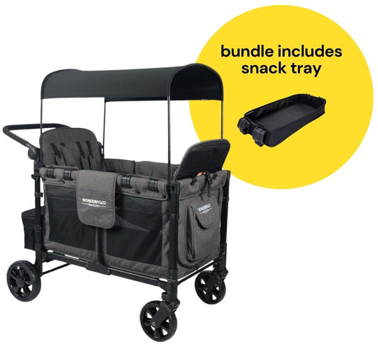 WonderFold W4 Elite Multifunctional Quad (4 Seater) Stroller Wagon + Snack Tray Bundle - Charcoal Gray - W4ELT-GRY-St04
