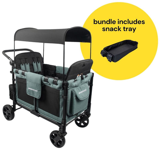 WonderFold W4 Elite Multifunctional Quad (4 Seater) Stroller Wagon + Snack Tray Bundle - Hunter Green - W4ELT-HNTGN-St04