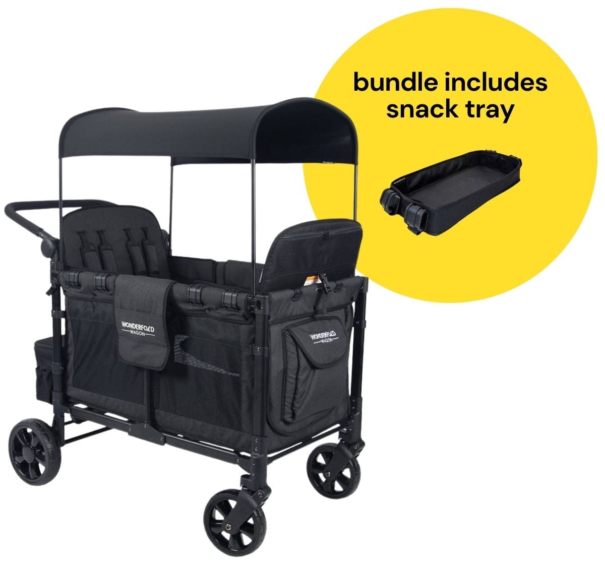 WonderFold W4 Elite Multifunctional Quad (4 Seater) Stroller Wagon + Snack Tray Bundle - Volcanic Black - W4ELT-BLK-St04