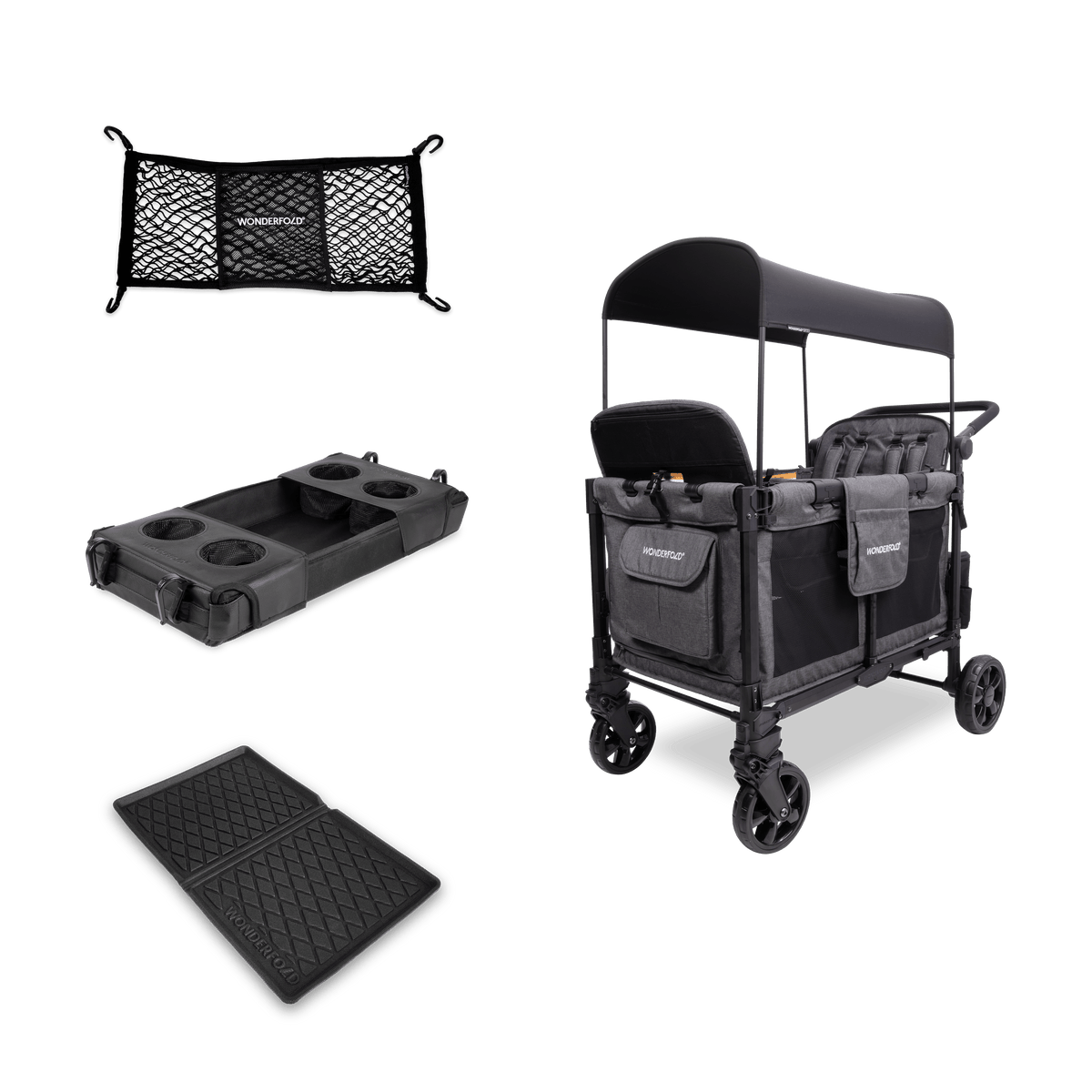 WonderFold W4 Elite Pro (4 Seater) Everyday Stroller Wagon Bundle - Charcoal Gray