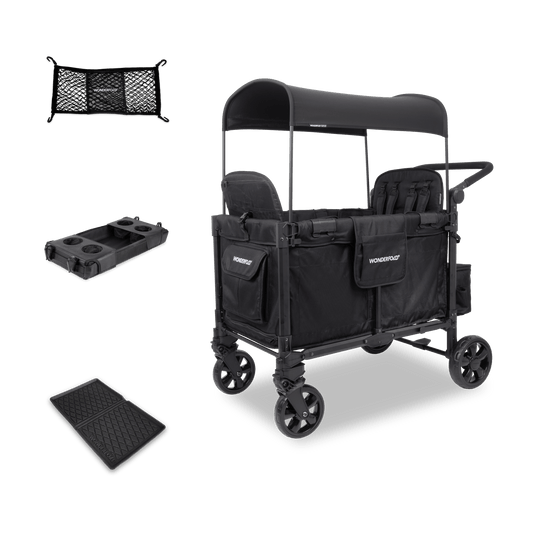 WonderFold W4 Elite Pro (4 Seater) Everyday Stroller Wagon Bundle - Jet Black