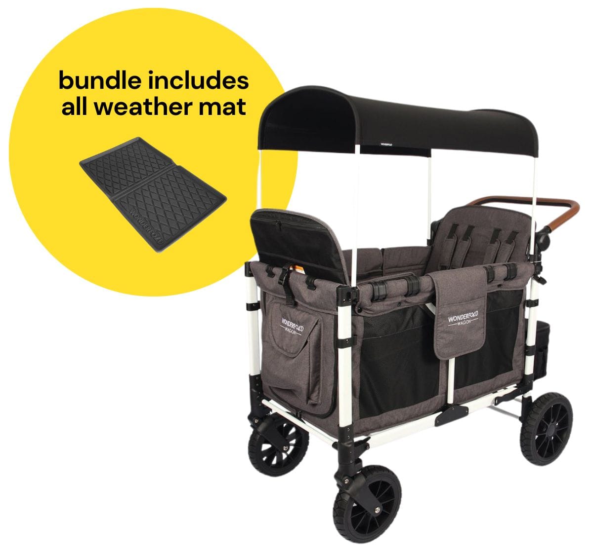 WonderFold W4 Luxe Multifunctional Quad (4 Seater) Stroller Wagon + All Weather Mat Bundle - Charcoal Gray/White Frame (Limited Edition) - W4S2GRYWF-W4m