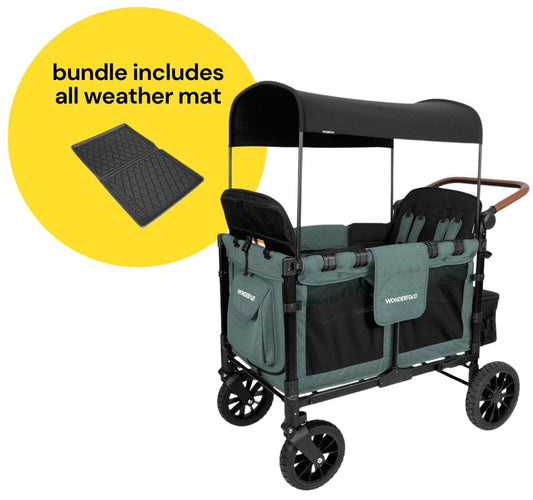 WonderFold W4 Luxe Multifunctional Quad (4 Seater) Stroller Wagon + All Weather Mat Bundle - Hunter Green (Albee Exclusive) - W4LUX-HNTGN-W4m