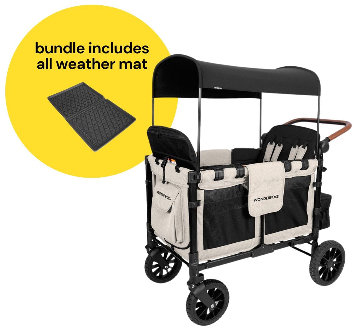 WonderFold W4 Luxe Multifunctional Quad (4 Seater) Stroller Wagon + All Weather Mat Bundle - Sandy Beige / Black Canopy (Albee Exclusive) - W4LUX-SDYBG-BLKCPY-W4m