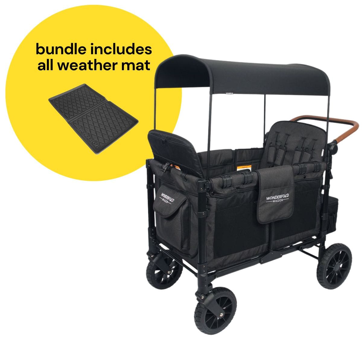 WonderFold W4 Luxe Multifunctional Quad (4 Seater) Stroller Wagon + All Weather Mat Bundle - Volcanic Black