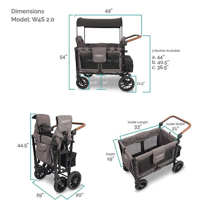WonderFold W4 Luxe Multifunctional Quad (4 Seater) Stroller Wagon - Charcoal Gray/Black Frame - W4S2GRY