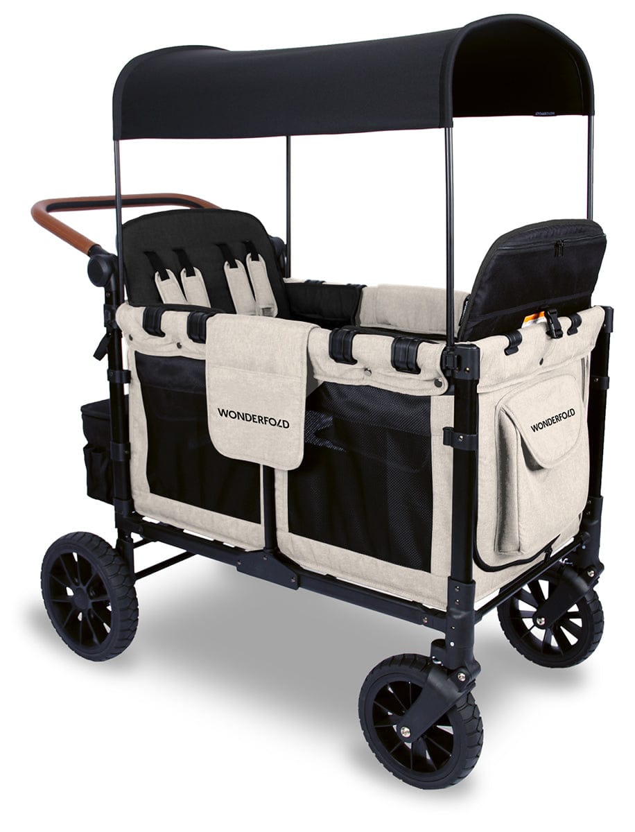 WonderFold W4 Luxe Multifunctional Quad (4 Seater) Stroller Wagon - Sandy Beige / Black Canopy (Albee Exclusive) - W4LUX-SDYBG-BLKCPY