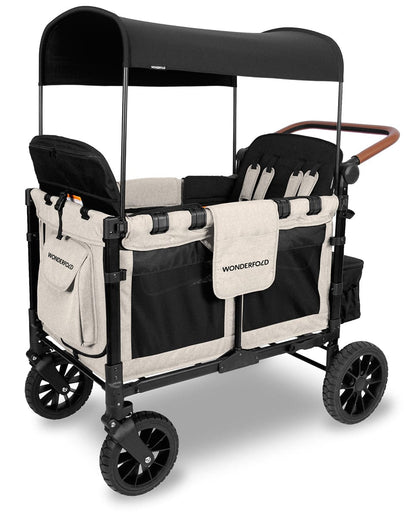 WonderFold W4 Luxe Multifunctional Quad (4 Seater) Stroller Wagon - Sandy Beige / Black Canopy (Albee Exclusive) - W4LUX-SDYBG-BLKCPY