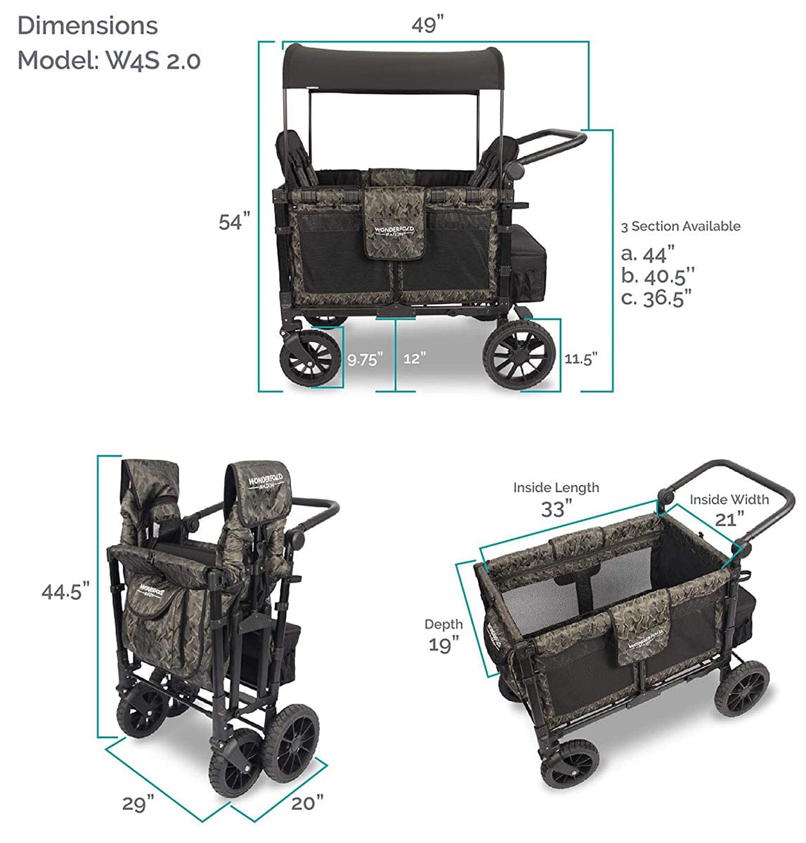WonderFold W4 Luxe Multifunctional Quad (4 Seater) Stroller Wagon - Shadow Green Camo - W4S2GRNCM