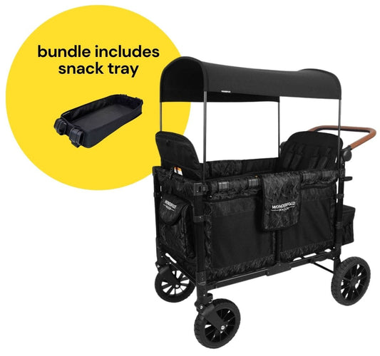 WonderFold W4 Luxe Multifunctional Quad (4 Seater) Stroller Wagon + Snack Tray Bundle - Black Camo - W4LUX-BLKCM-St04
