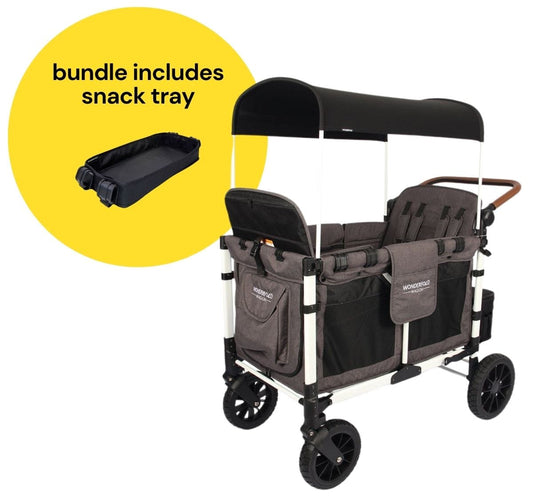 WonderFold W4 Luxe Multifunctional Quad (4 Seater) Stroller Wagon + Snack Tray Bundle - Charcoal Gray/White Frame (Limited Edition) - W4S2GRYWF-St04