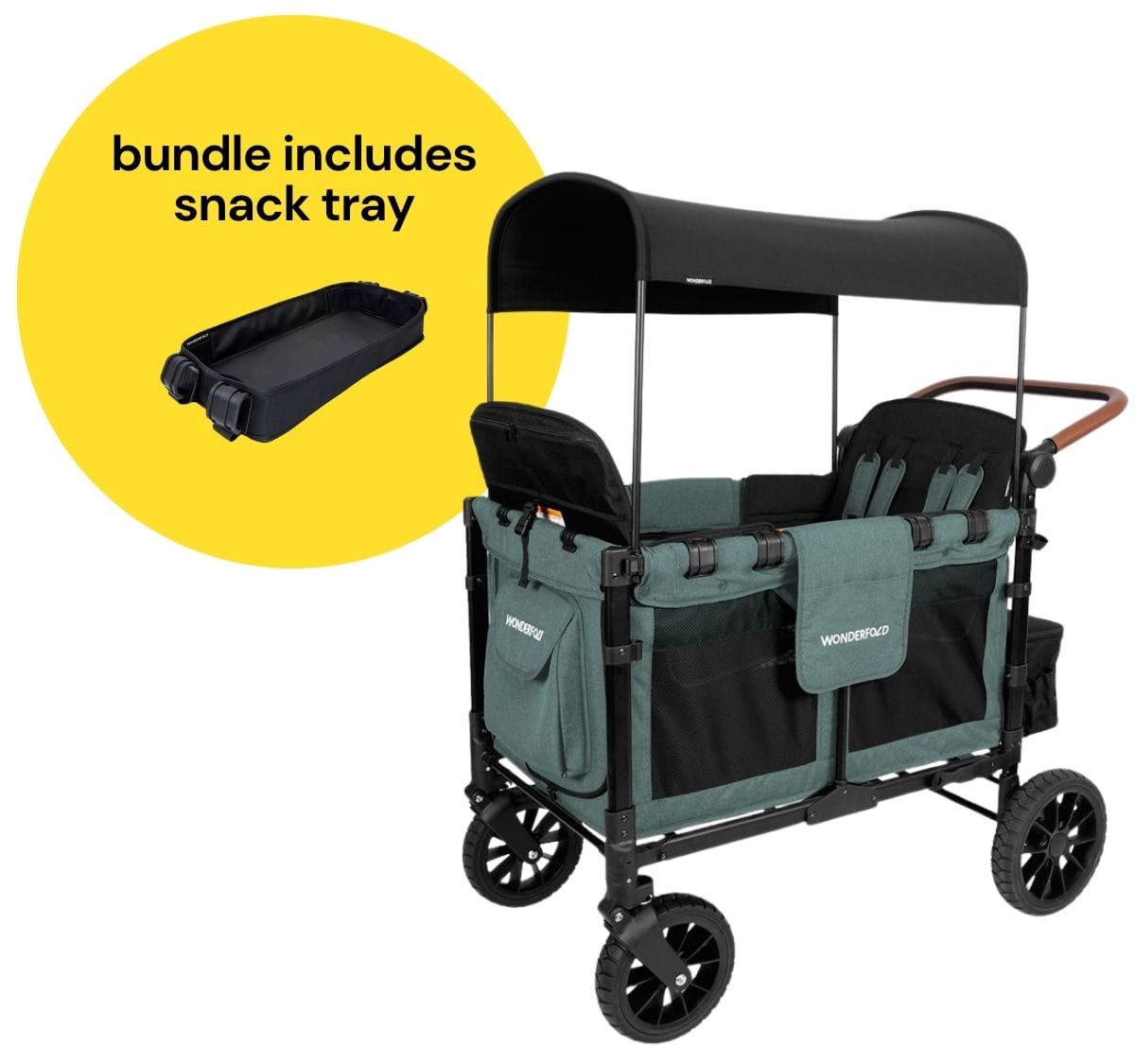 WonderFold W4 Luxe Multifunctional Quad (4 Seater) Stroller Wagon + Snack Tray Bundle - Hunter Green (Albee Exclusive) - W4LUX-HNTGN-St04