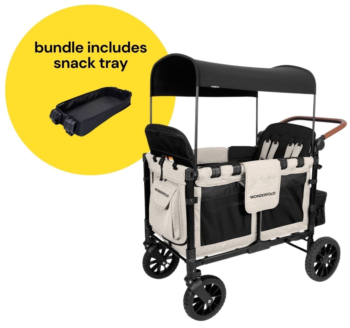 WonderFold W4 Luxe Multifunctional Quad (4 Seater) Stroller Wagon + Snack Tray Bundle - Sandy Beige / Black Canopy (Albee Exclusive) - W4LUX-SDYBG-BLKCPY-St04