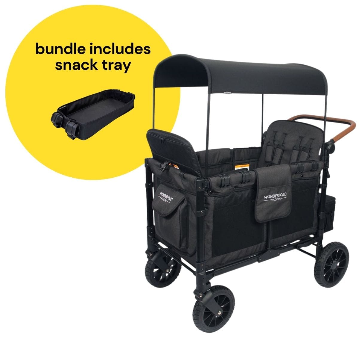 WonderFold W4 Luxe Multifunctional Quad (4 Seater) Stroller Wagon + Snack Tray Bundle - Volcanic Black - W4S2BLK-St04